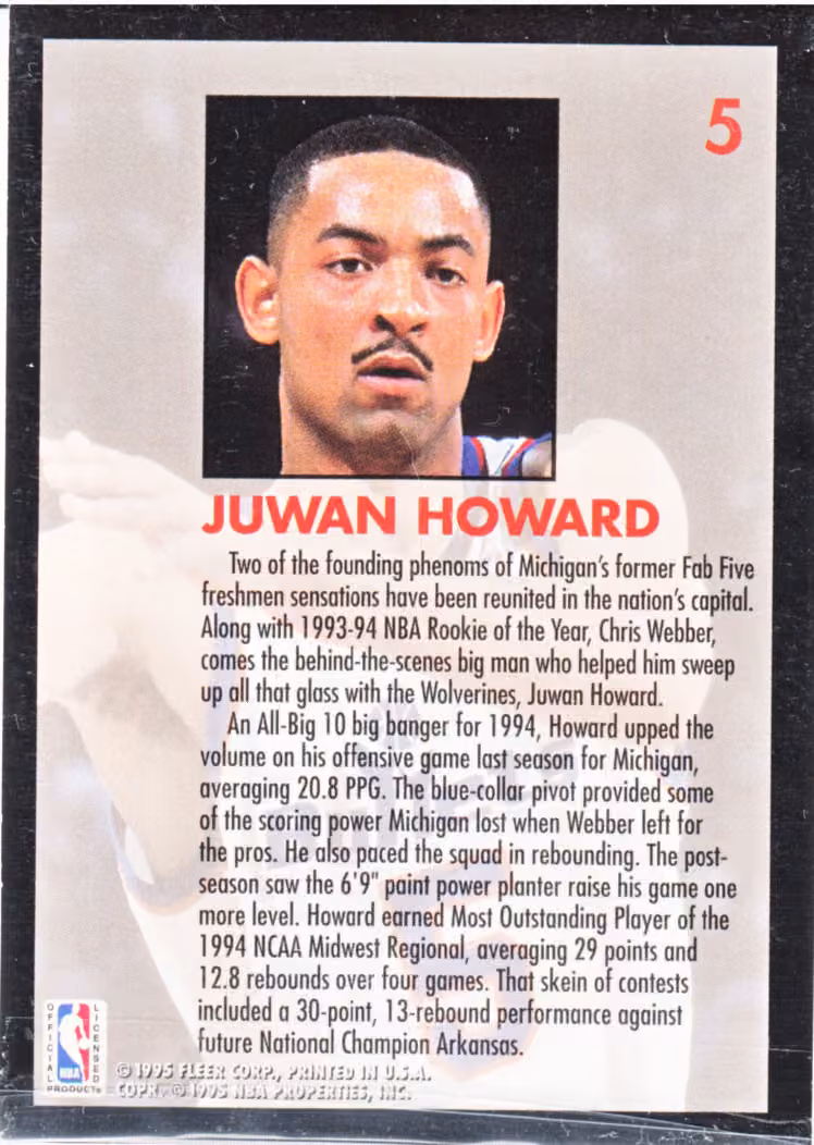 Back scan of 1994-95 Fleer Juwan Howard showing stats for Washington Bullets - Juwan Howard Collector Private Collection