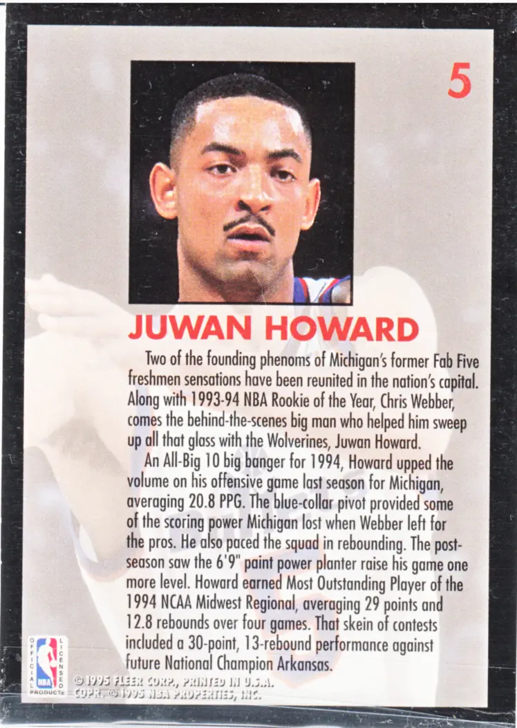 Back view of Juwan Howard 1994-95 Fleer #5 showing stats for Washington Bullets