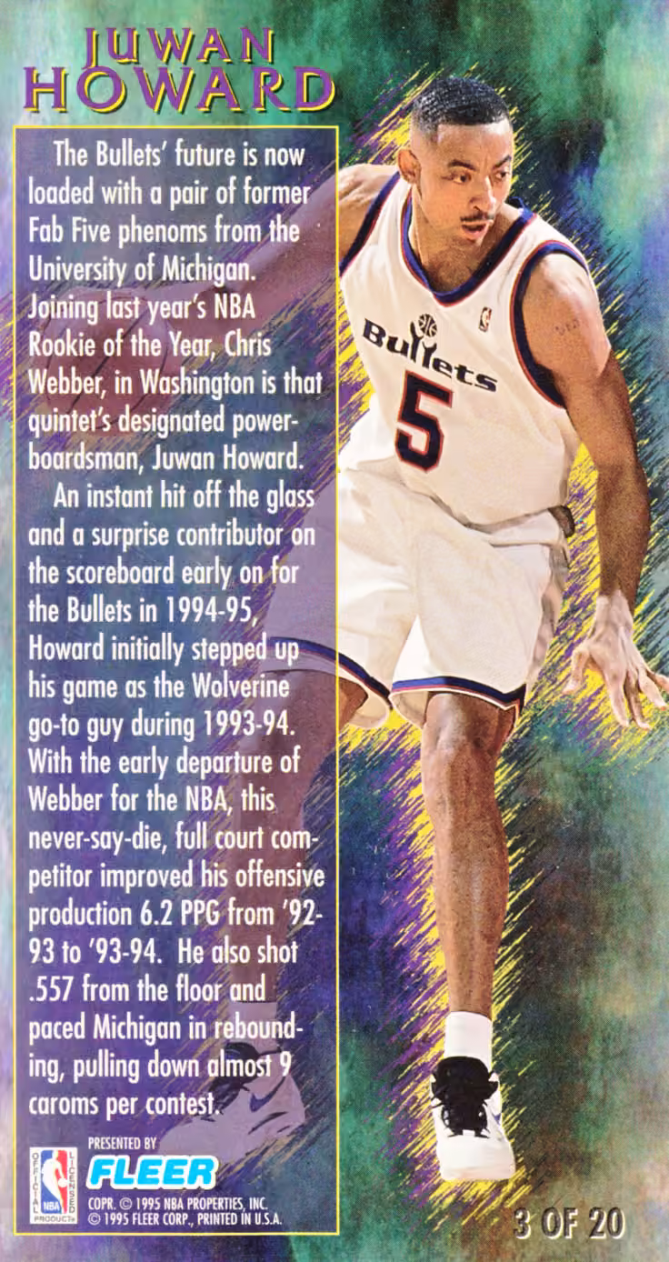 Back scan of 1994-95 Jam Session Juwan Howard showing stats for Washington Bullets - Juwan Howard Collector Private Collection