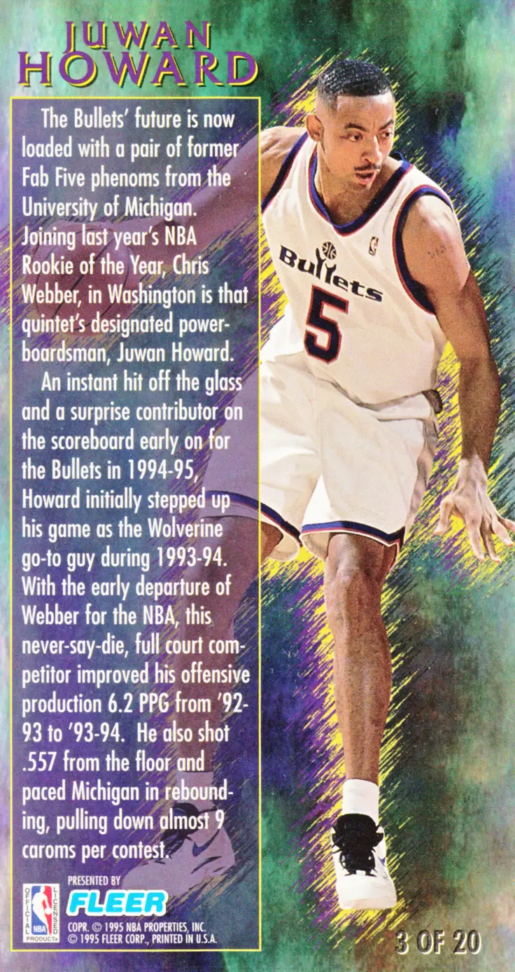 Back view of Juwan Howard 1994-95 Jam Session #3 showing stats for Washington Bullets