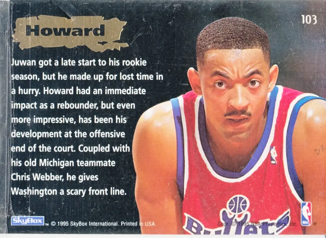 Back view of Juwan Howard 1994-95 SkyBox Emotion #103 showing stats for Washington Bullets
