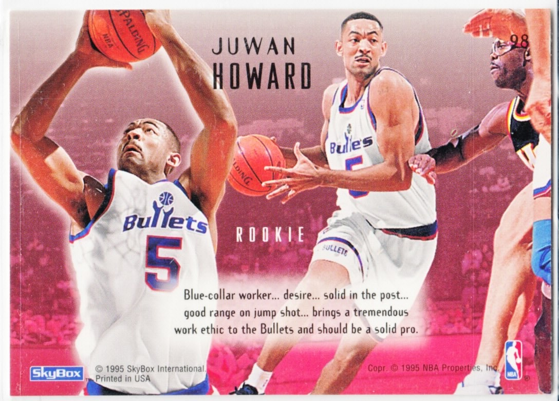 Back view of Juwan Howard 1994-95 SkyBox Emotion #98 showing stats for Washington Bullets