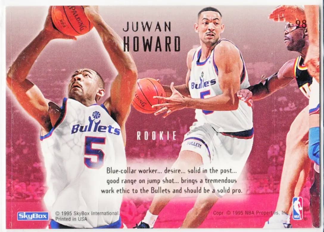 Back view of Juwan Howard 1994-95 SkyBox Emotion #98 showing stats for Washington Bullets