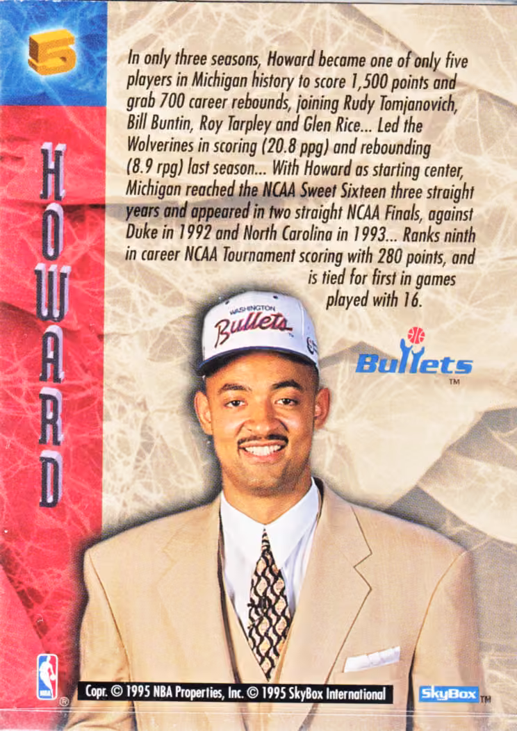 Back scan of 1994-95 SkyBox Hoops Juwan Howard showing stats for Washington Bullets - Juwan Howard Collector Private Collection