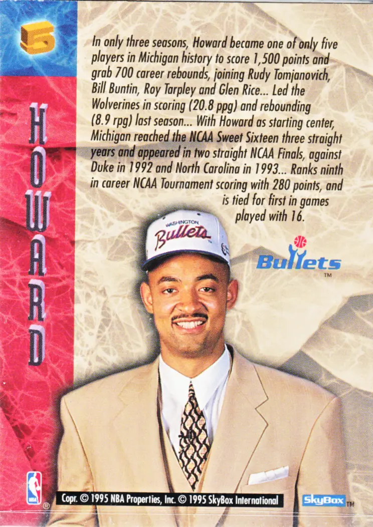 Back view of Juwan Howard 1994-95 SkyBox Hoops #5 showing stats for Washington Bullets