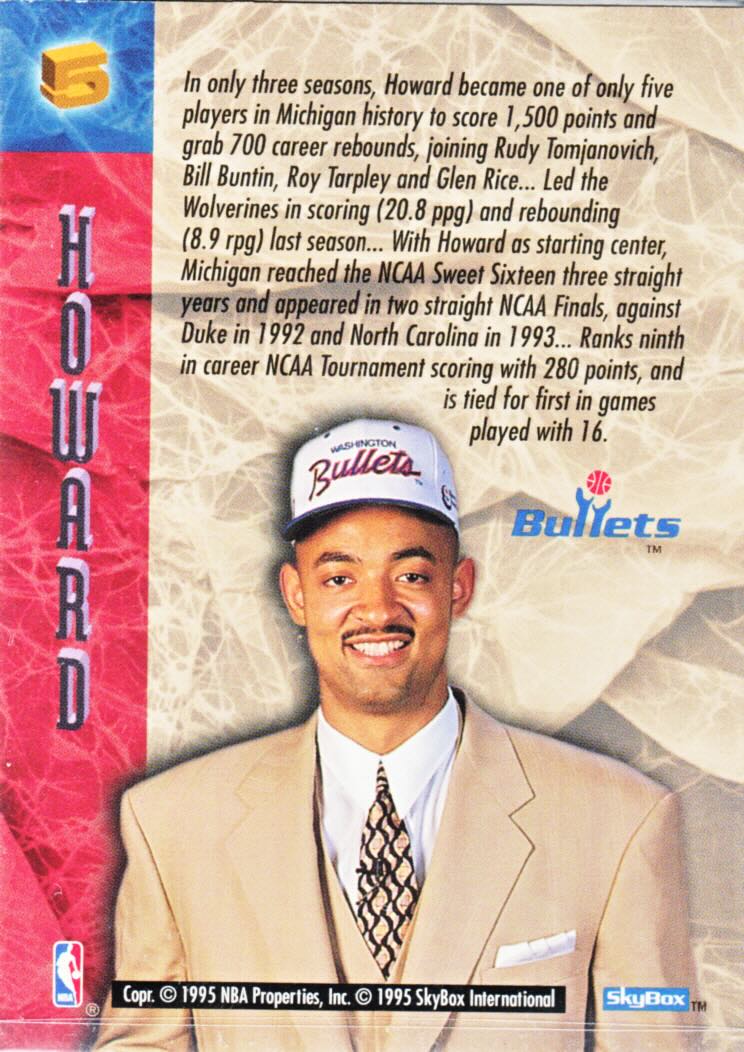 Back view of Juwan Howard 1994-95 SkyBox Hoops #5 showing stats for Washington Bullets