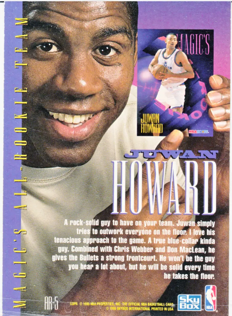 Back view of Juwan Howard 1994-95 SkyBox Hoops #AR5 showing stats for Washington Bullets