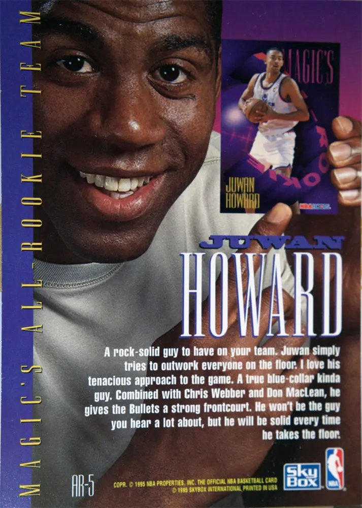 Back view of Juwan Howard 1994-95 SkyBox Hoops #AR5 showing stats for Washington Bullets