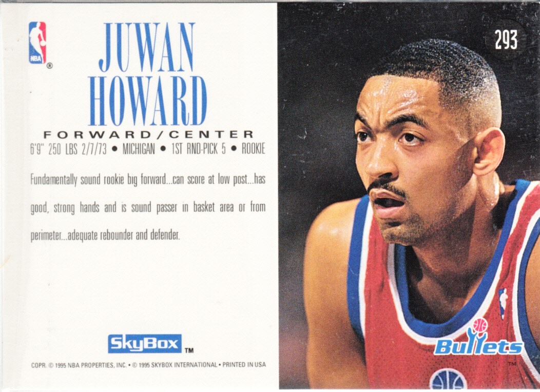 Back view of Juwan Howard 1994-95 SkyBox Premium #293 showing stats for Washington Bullets