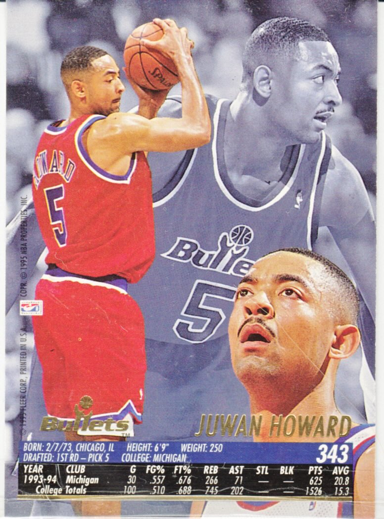 Back view of Juwan Howard 1994-95 Ultra #343 showing stats for Washington Bullets