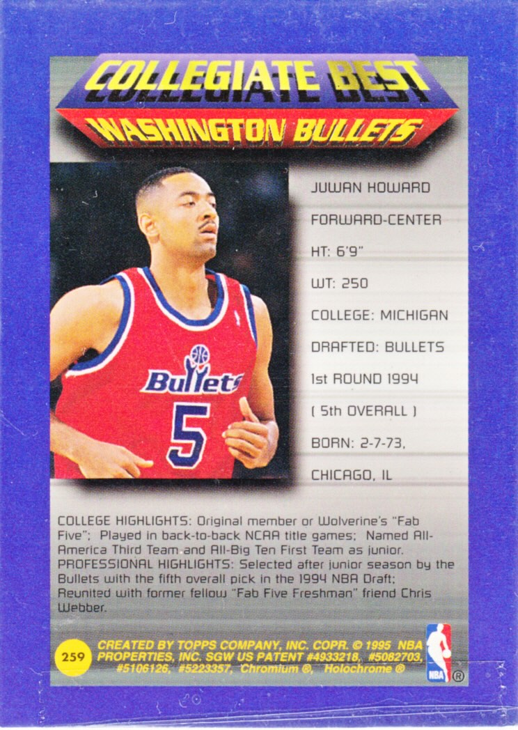 Back view of Juwan Howard 1994-95 Topps Finest #259 showing stats for Washington Bullets