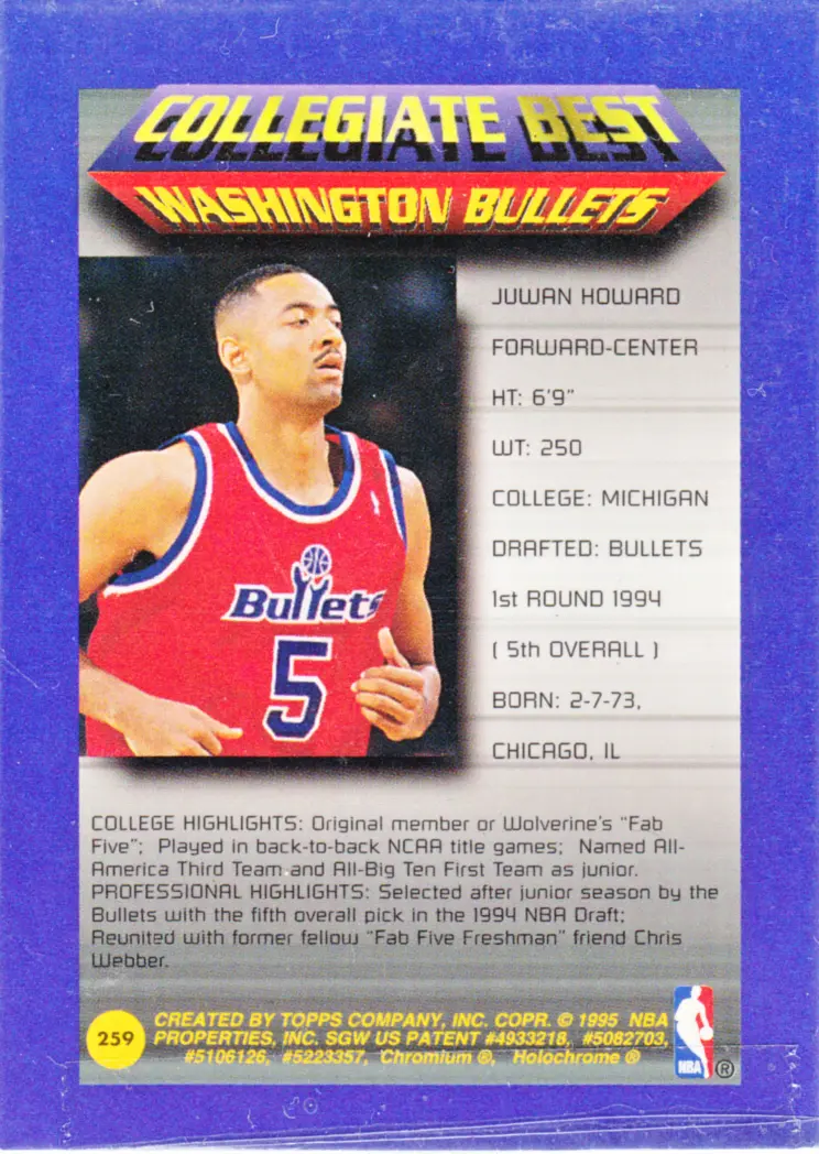 Back view of Juwan Howard 1994-95 Topps Finest #259 showing stats for Washington Bullets