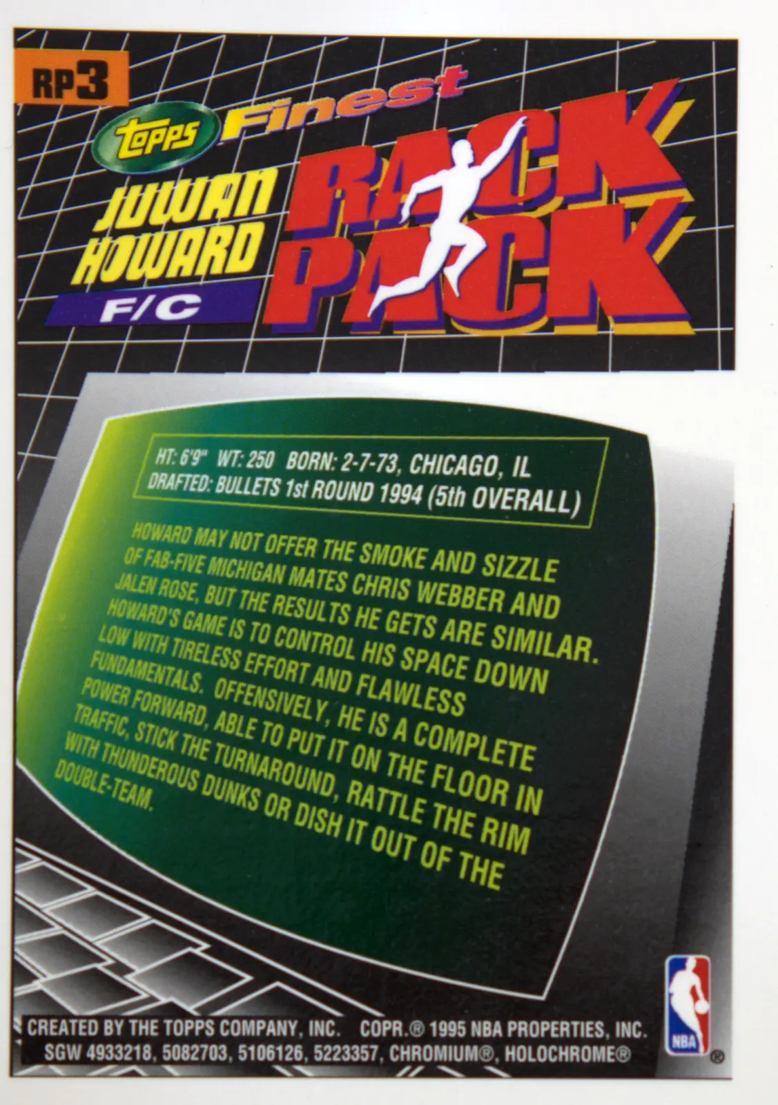 Back view of Juwan Howard 1994-95 Topps Finest #RP3 showing stats for Washington Bullets