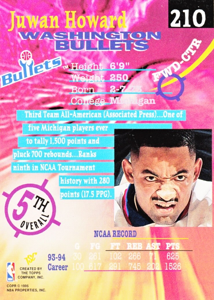 Back view of Juwan Howard 1994-95 Topps Stadium Club #210 showing stats for Washington Bullets