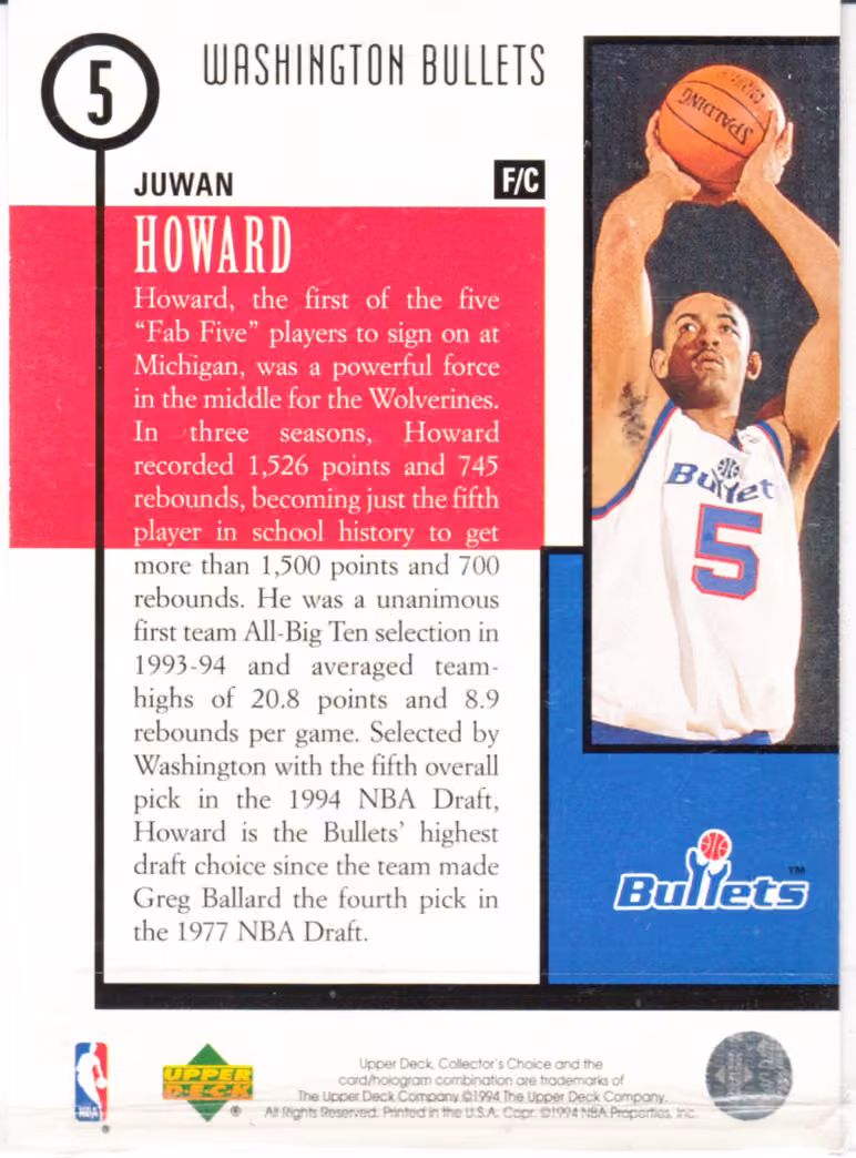 Back scan of 1994-95 Collectors Choice Juwan Howard showing stats for Washington Bullets - Juwan Howard Collector Private Collection