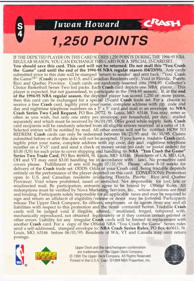 Back view of Juwan Howard 1994-95 Collectors Choice #S4 showing stats for Washington Bullets