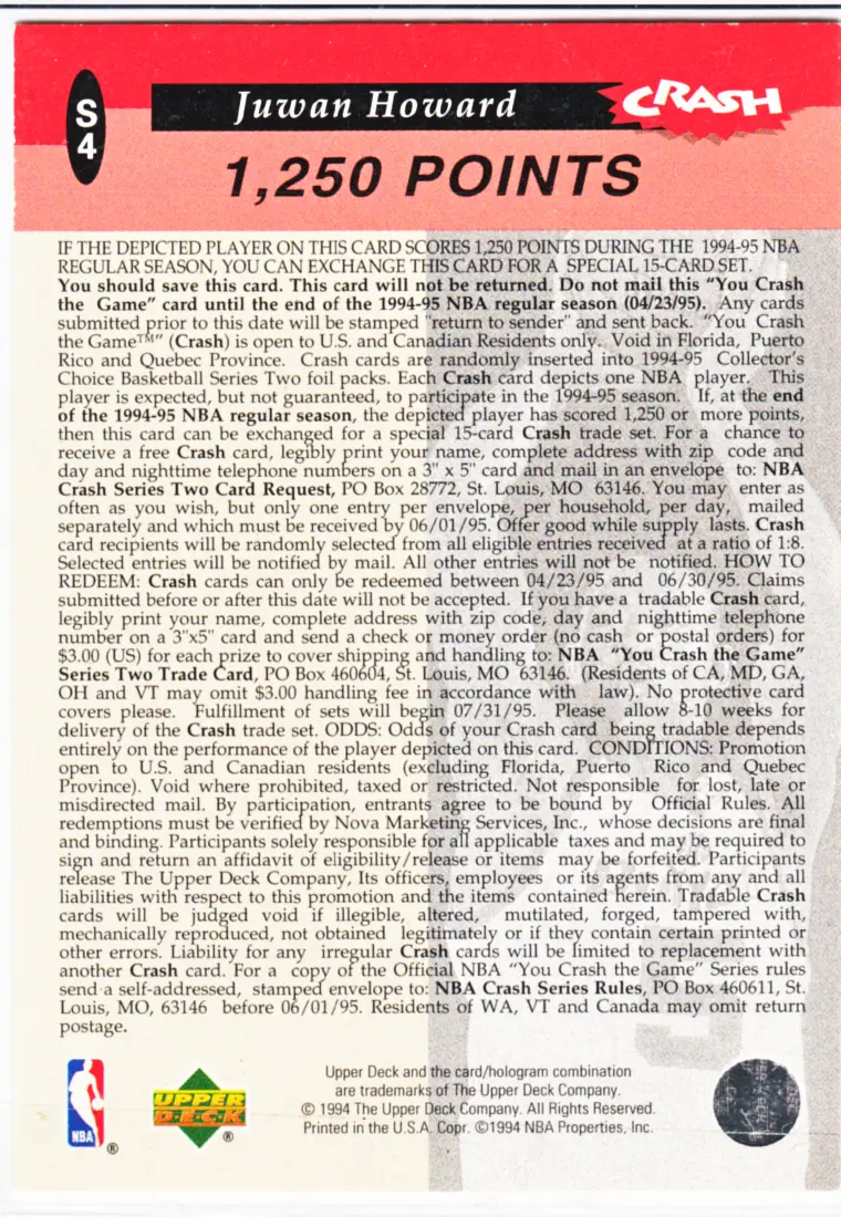 Back view of Juwan Howard 1994-95 Collectors Choice #S4 showing stats for Washington Bullets
