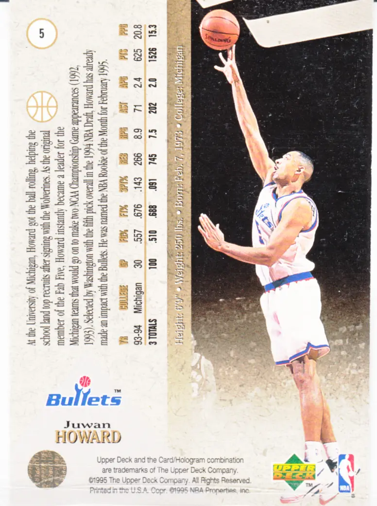 Back view of Juwan Howard 1994-95 SP #5 showing stats for Washington Bullets