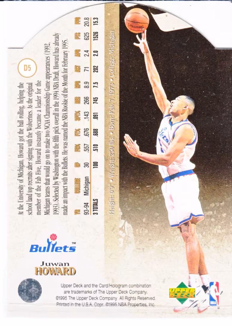 Back scan of 1994-95 SP Juwan Howard showing stats for Washington Bullets - Juwan Howard Collector Private Collection
