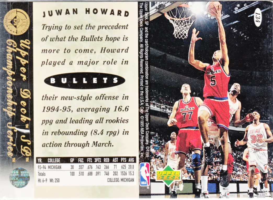 Back view of Juwan Howard 1994-95 SP Championship #134 showing stats for Washington Bullets