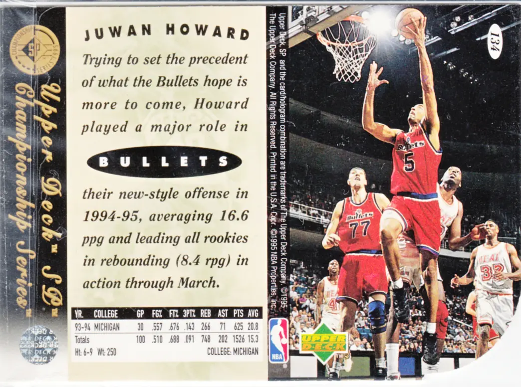 Back view of Juwan Howard 1994-95 SP Championship #134 showing stats for Washington Bullets