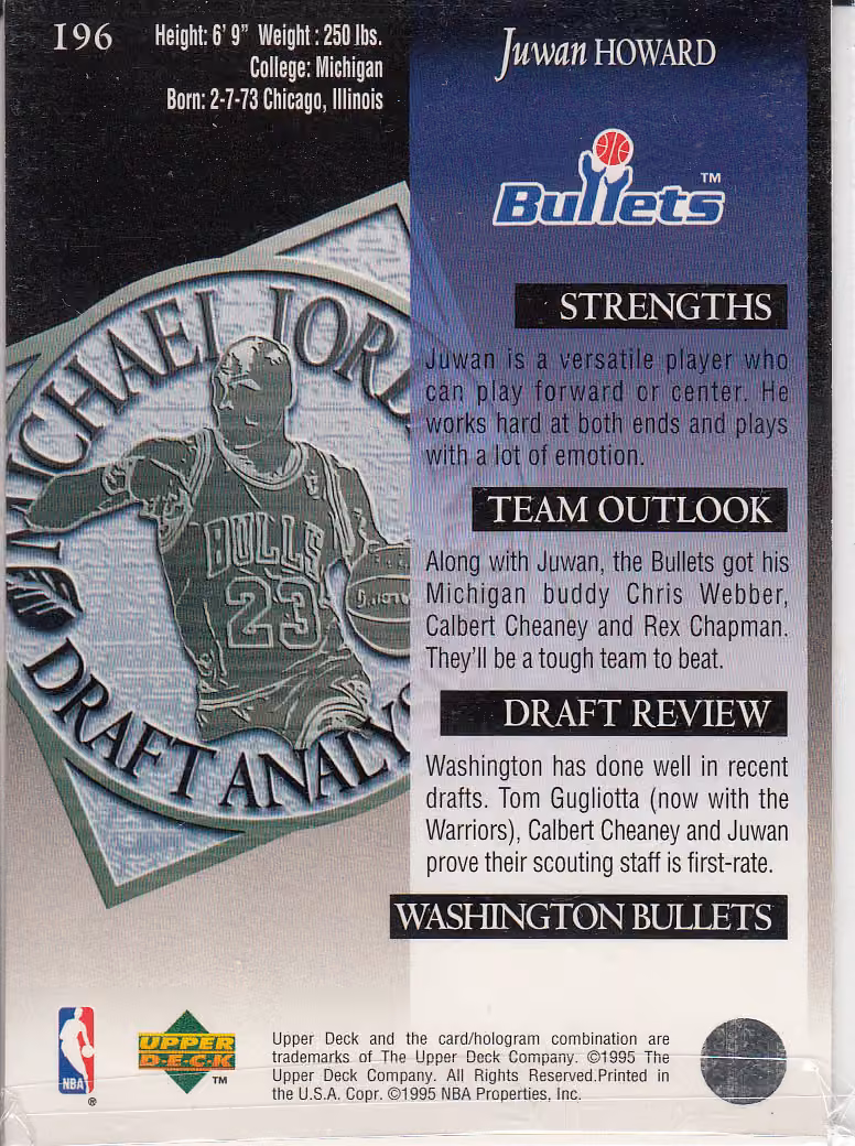Back scan of 1994-95 Upper Deck Juwan Howard showing stats for Washington Bullets - Juwan Howard Collector Private Collection