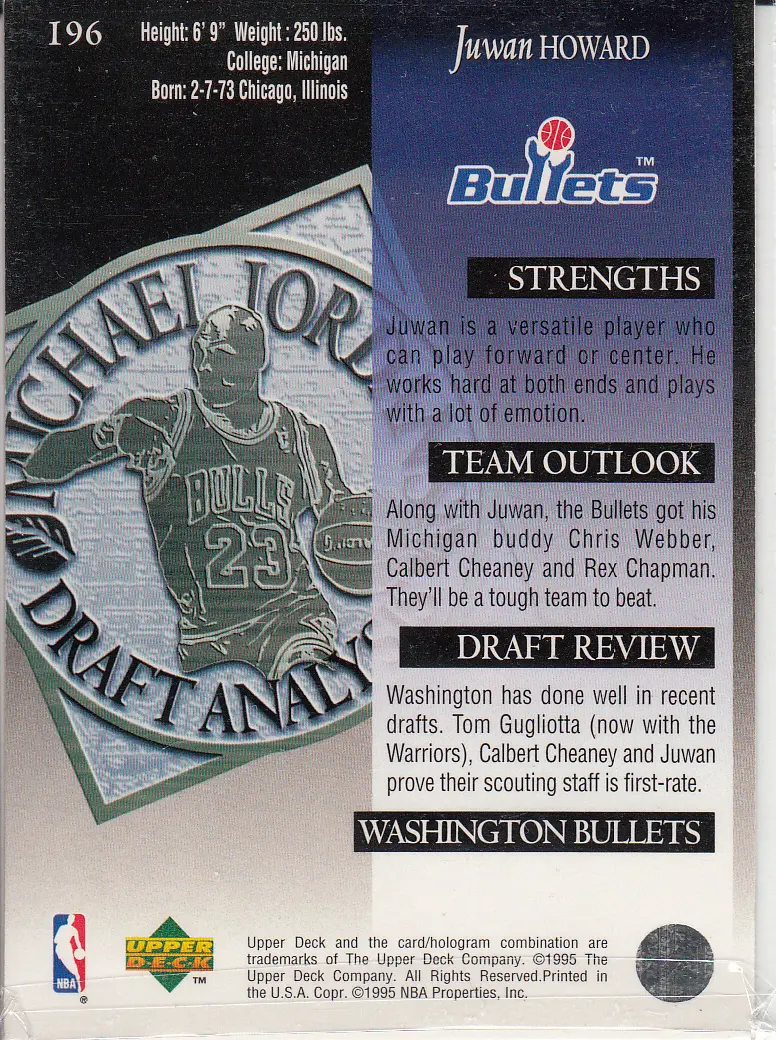 Back view of Juwan Howard 1994-95 Upper Deck #196 showing stats for Washington Bullets