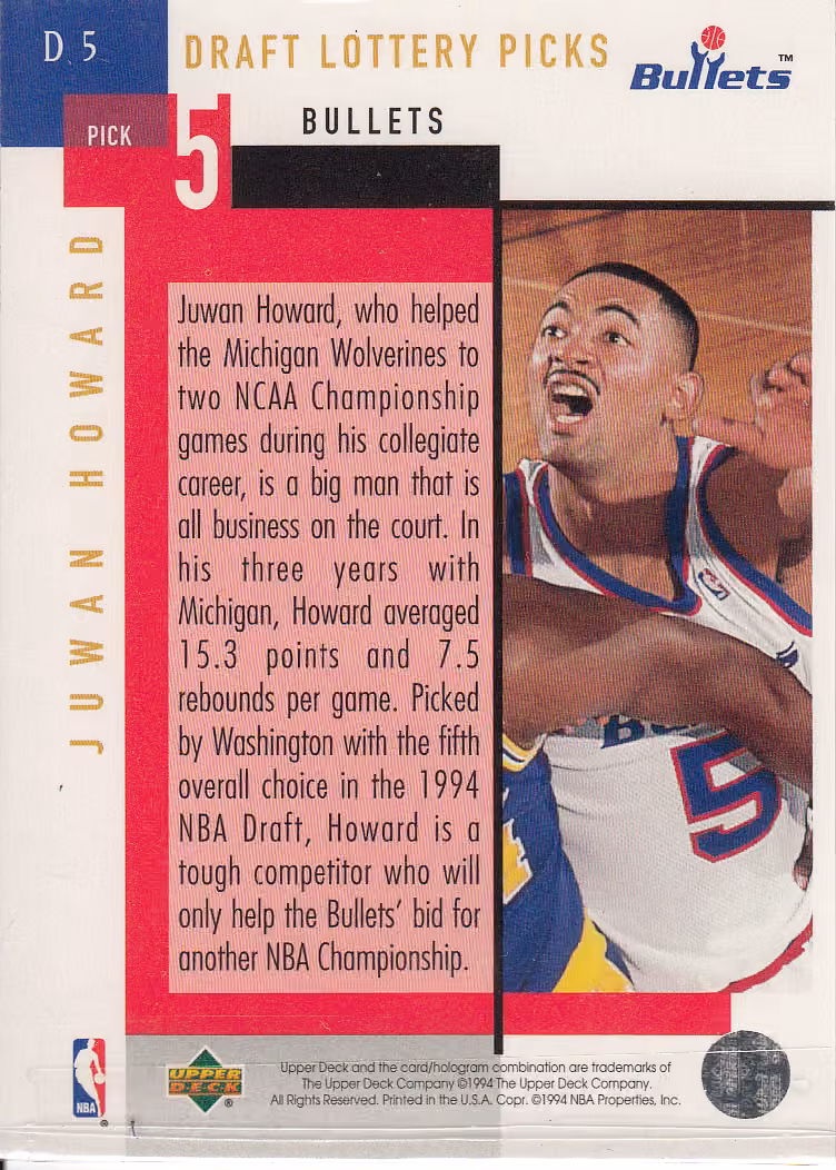 Back scan of 1994-95 Upper Deck Juwan Howard showing stats for Washington Bullets - Juwan Howard Collector Private Collection