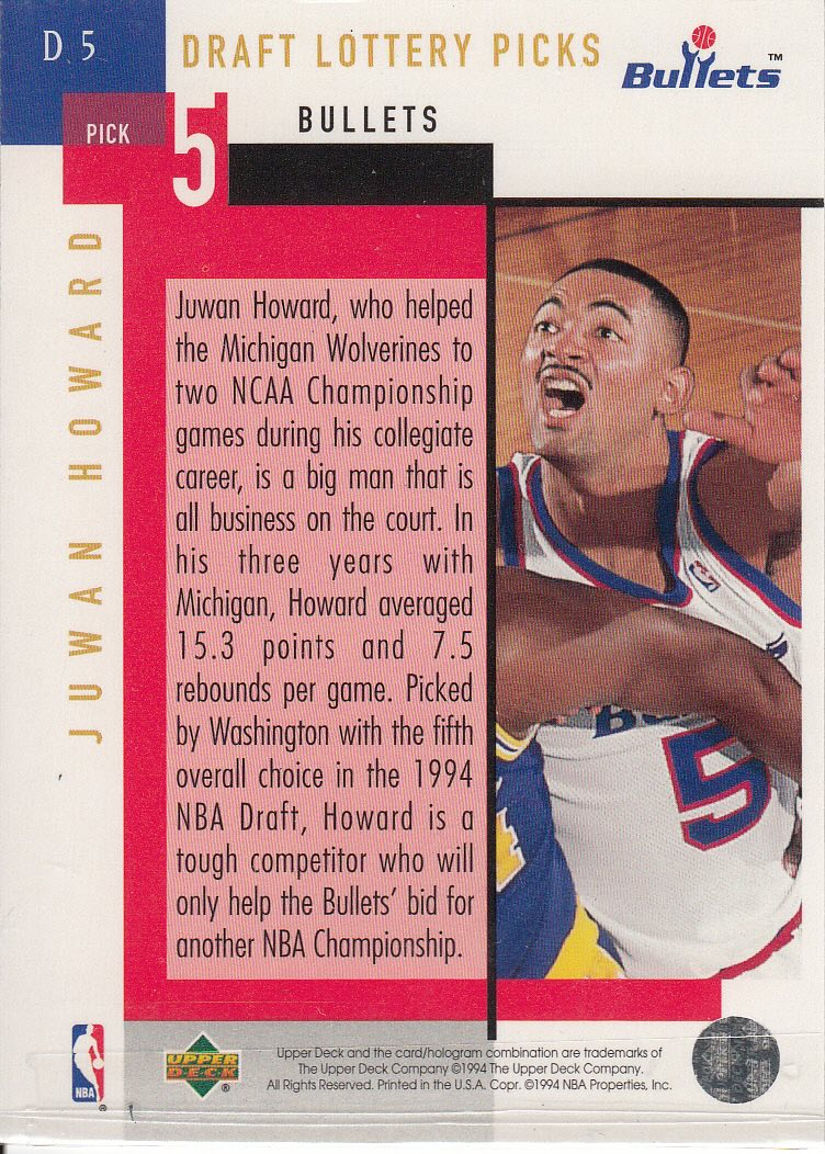 Back view of Juwan Howard 1994-95 Upper Deck #D5 showing stats for Washington Bullets