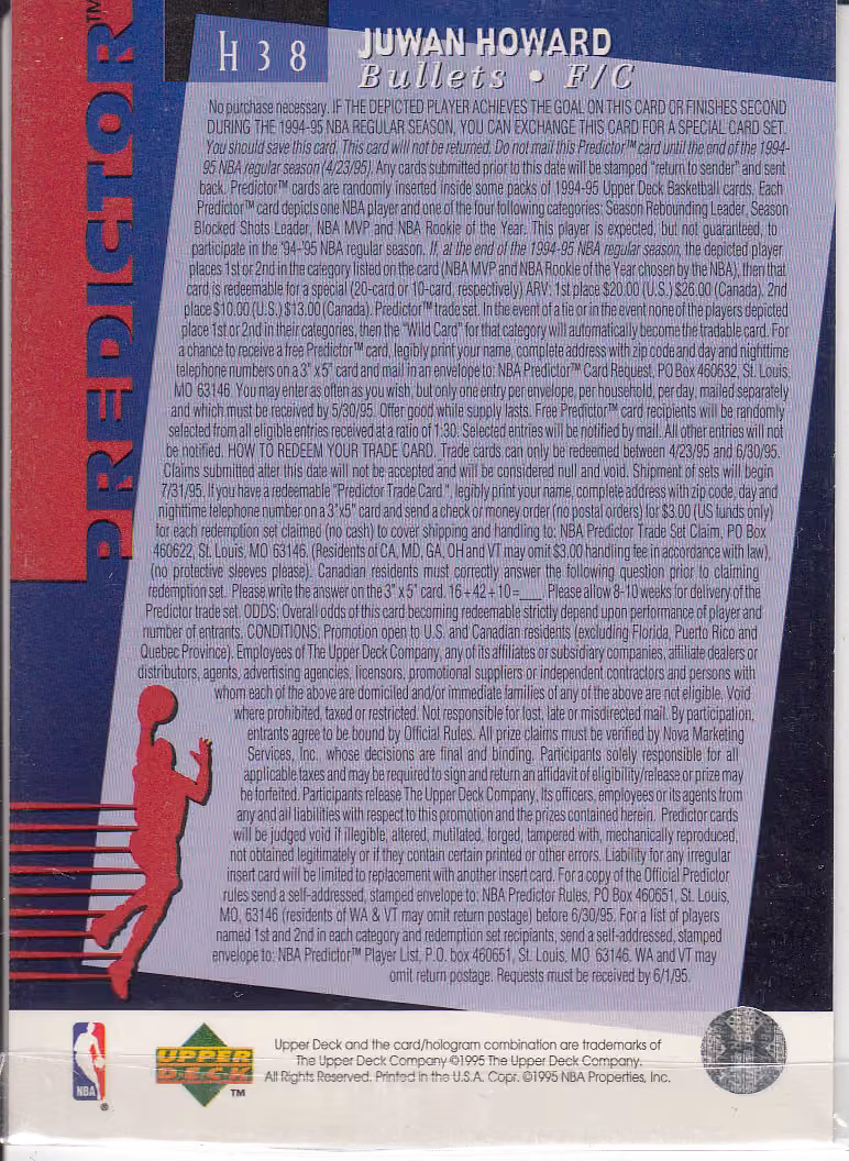 Back scan of 1994-95 Upper Deck Juwan Howard showing stats for Washington Bullets - Juwan Howard Collector Private Collection