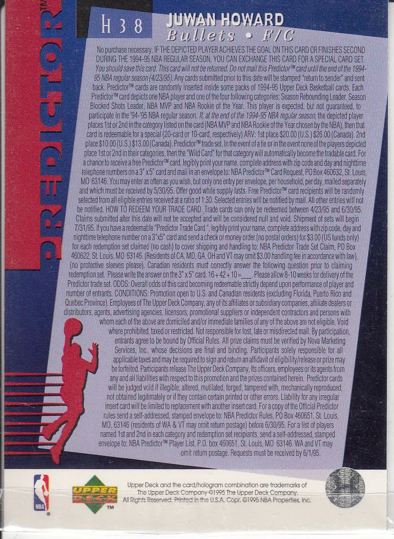 Back view of Juwan Howard 1994-95 Upper Deck #H38 showing stats for Washington Bullets