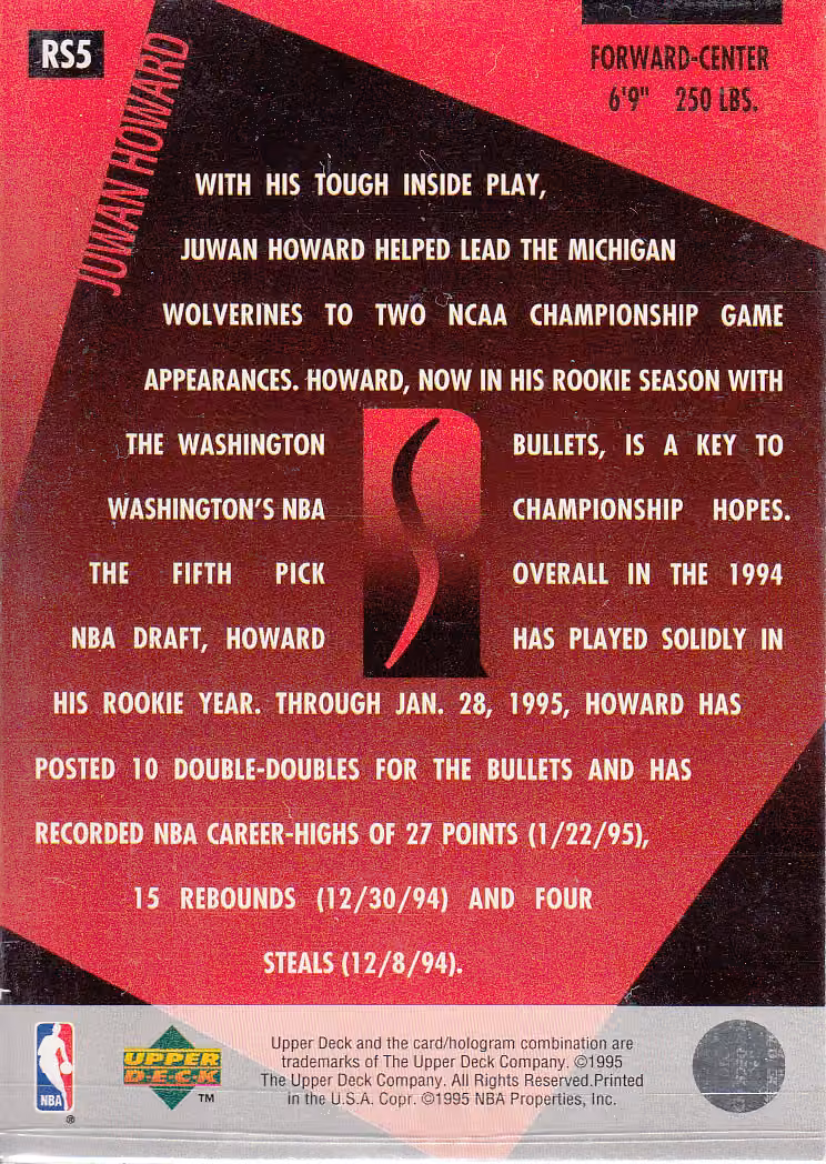 Back scan of 1994-95 Upper Deck Juwan Howard showing stats for Washington Bullets - Juwan Howard Collector Private Collection