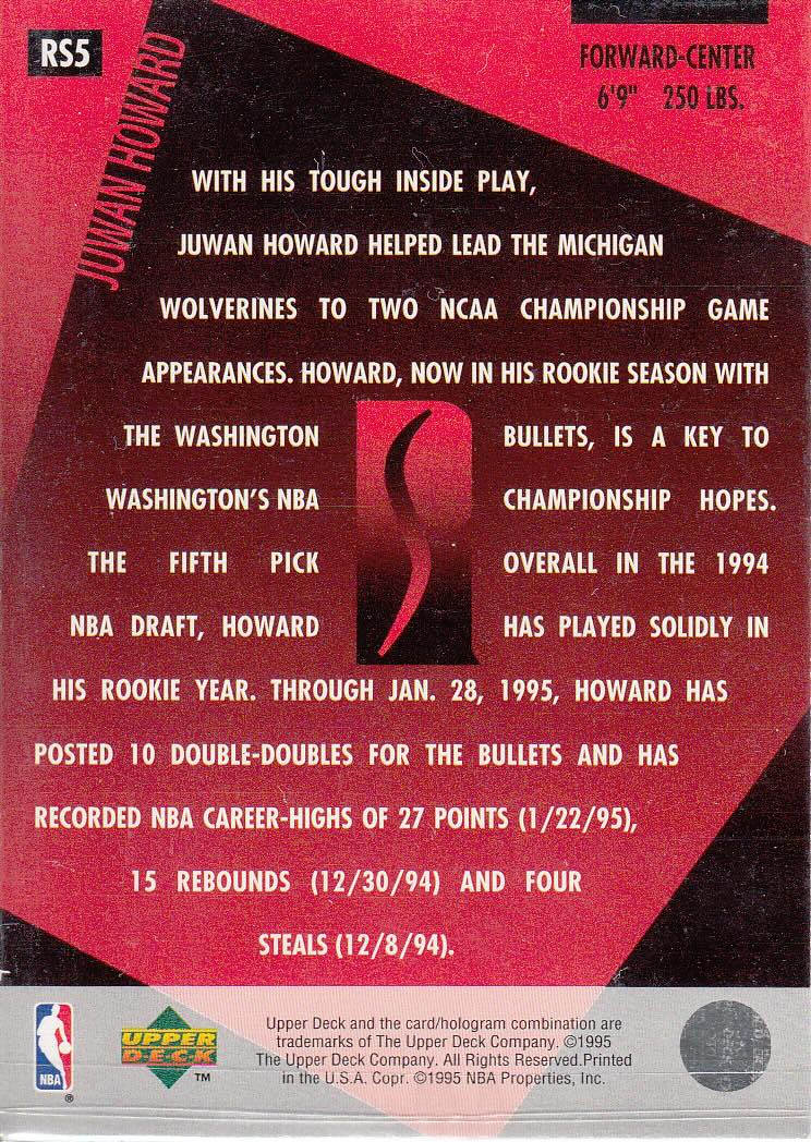 Back view of Juwan Howard 1994-95 Upper Deck #RS5 showing stats for Washington Bullets