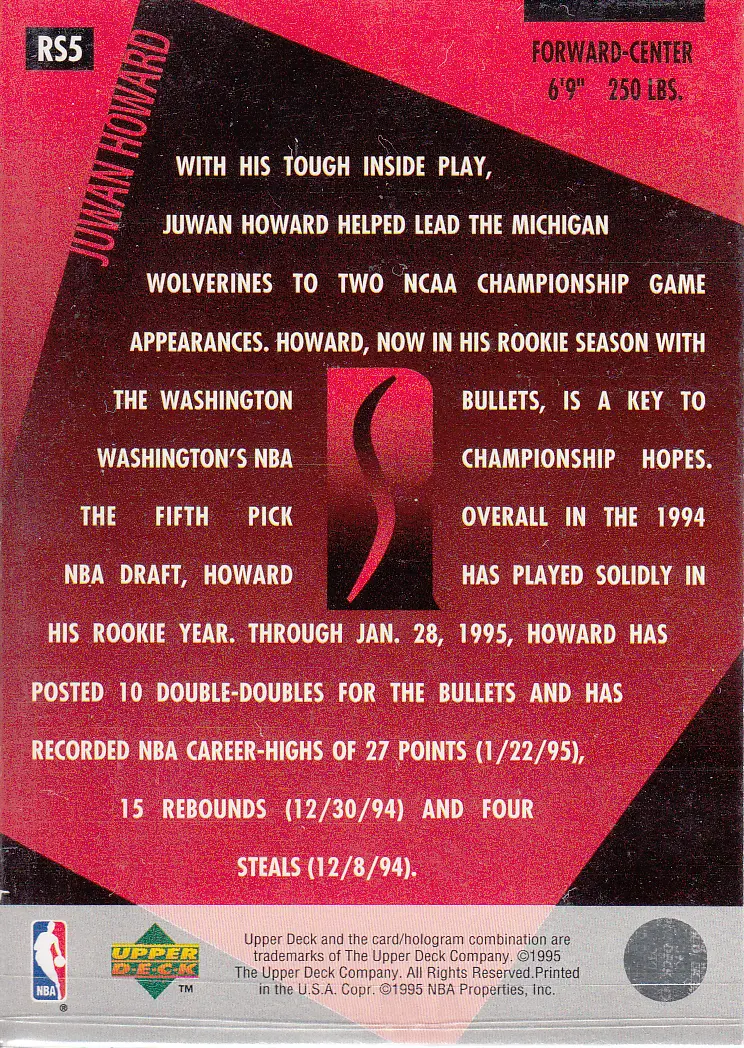 Back view of Juwan Howard 1994-95 Upper Deck #RS5 showing stats for Washington Bullets