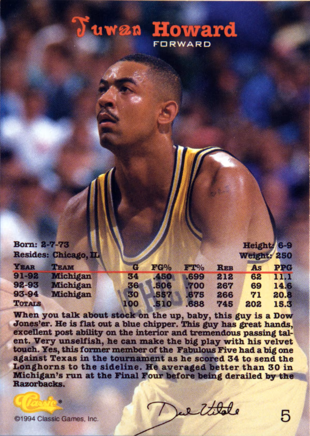 Back scan of 1994 Classic Juwan Howard showing stats for Michigan Wolverines - Juwan Howard Collector Private Collection