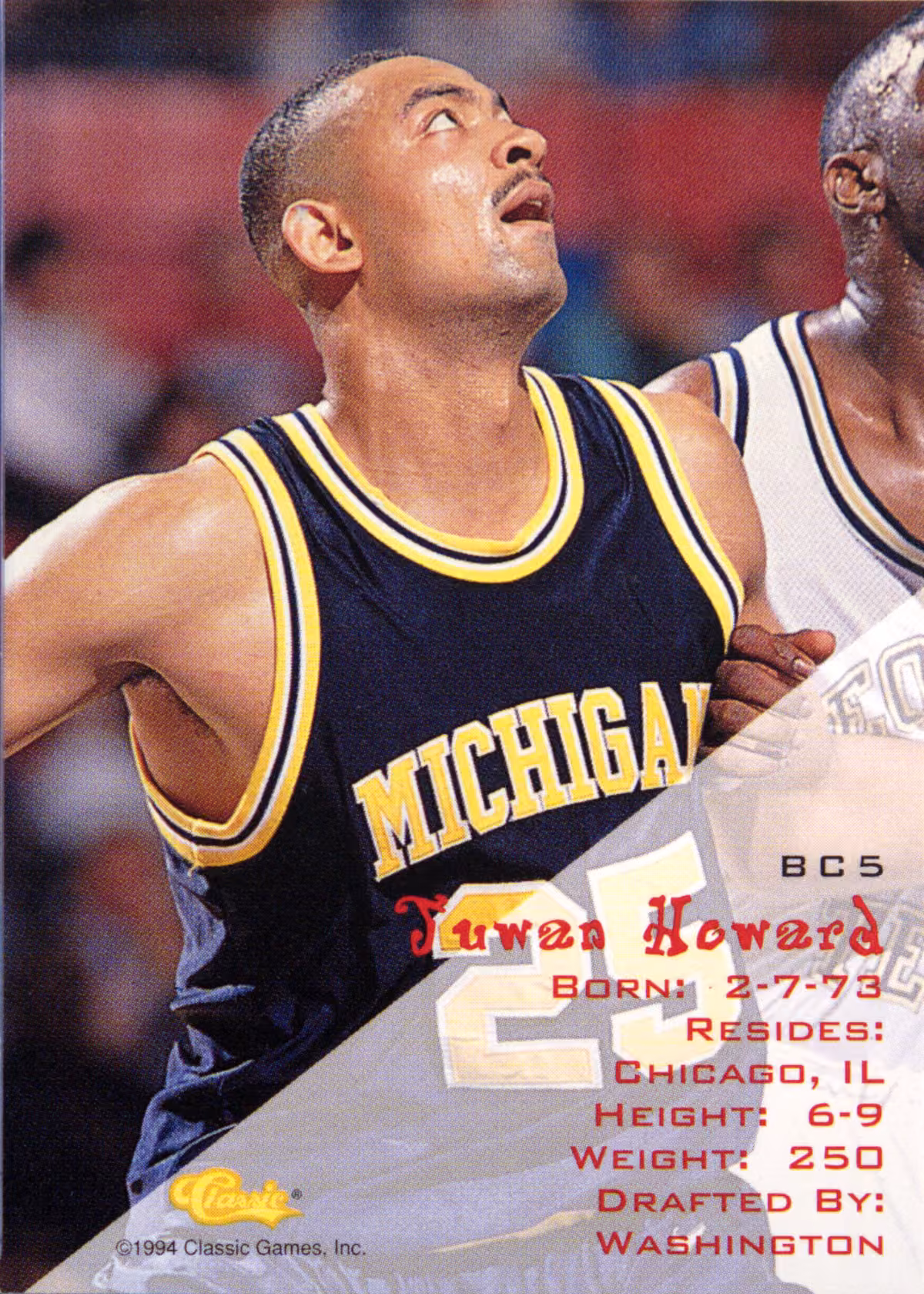 Back scan of 1994 Classic Juwan Howard showing stats for Michigan Wolverines - Juwan Howard Collector Private Collection