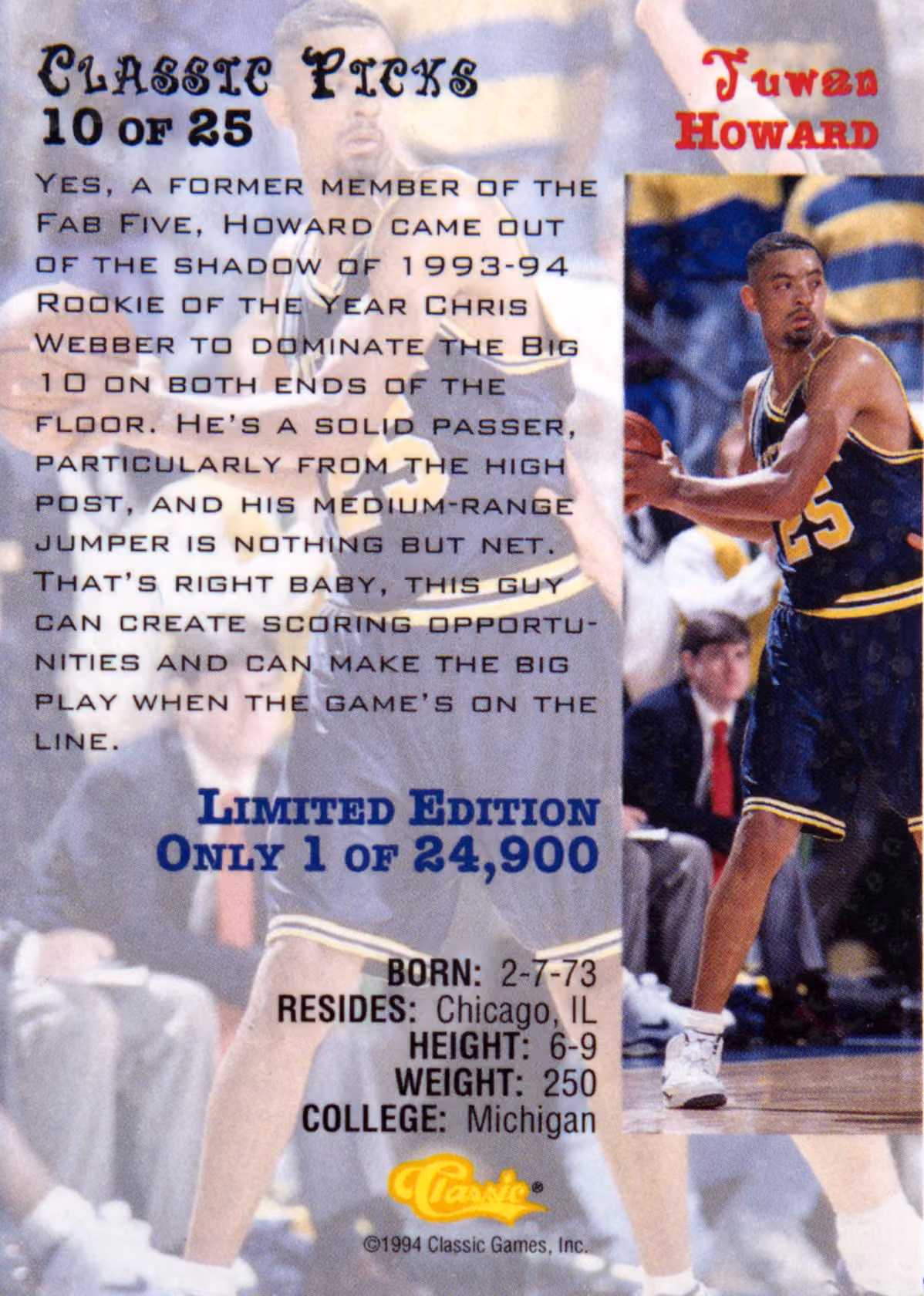 Back scan of 1994 Classic Juwan Howard showing stats for Michigan Wolverines - Juwan Howard Collector Private Collection
