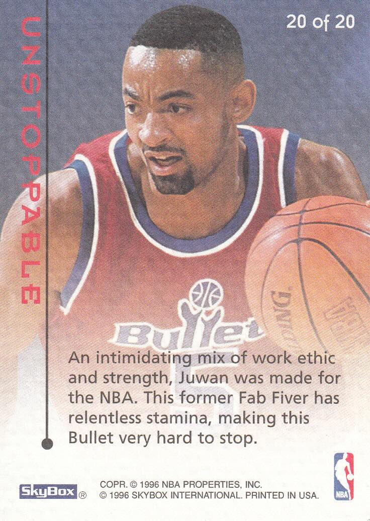 Back view of Juwan Howard 1995-96 E-XL #20 showing stats for Washington Bullets