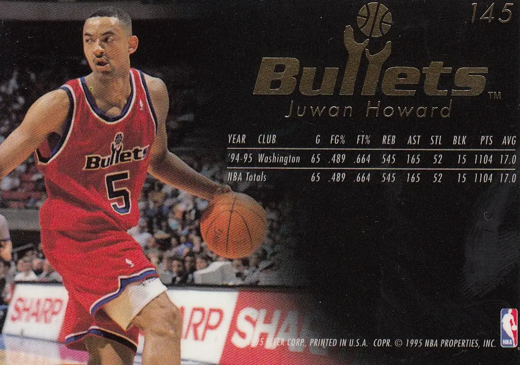 Back view of Juwan Howard 1995-96 Flair #145 showing stats for Washington Bullets