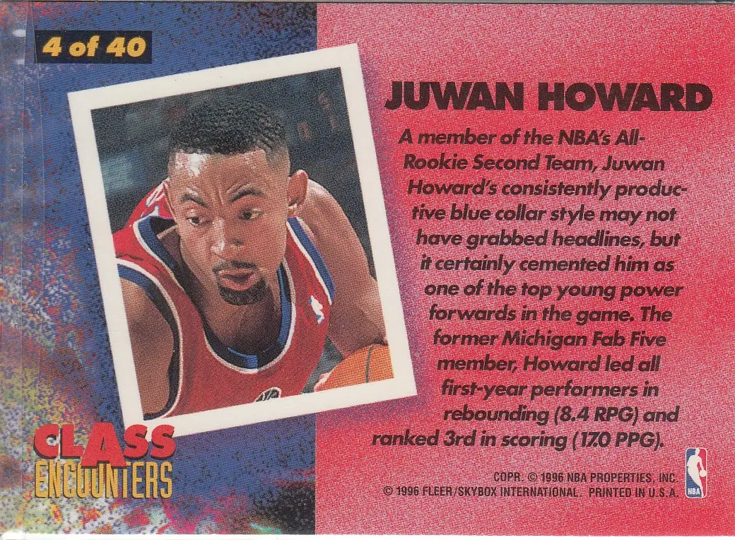 Back view of Juwan Howard 1995-96 Fleer #4 showing stats for Washington Bullets