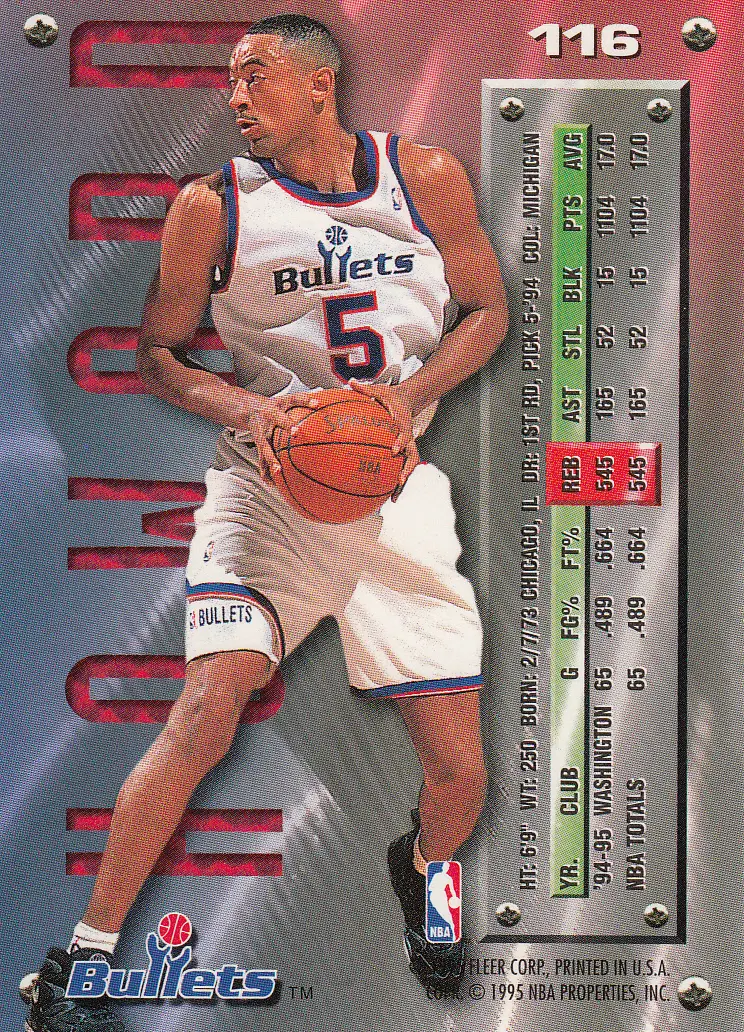 Back view of Juwan Howard 1995-96 Fleer Metal #116 showing stats for Washington Bullets
