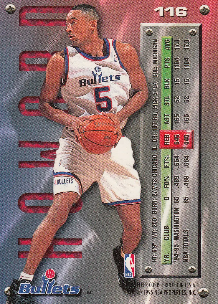 Back view of Juwan Howard 1995-96 Fleer Metal #116 showing stats for Washington Bullets
