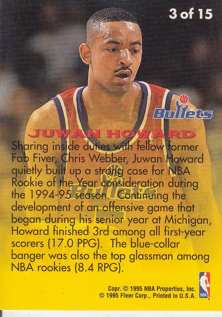 Back scan of 1995-96 Fleer Juwan Howard showing stats for Washington Bullets - Juwan Howard Collector Private Collection