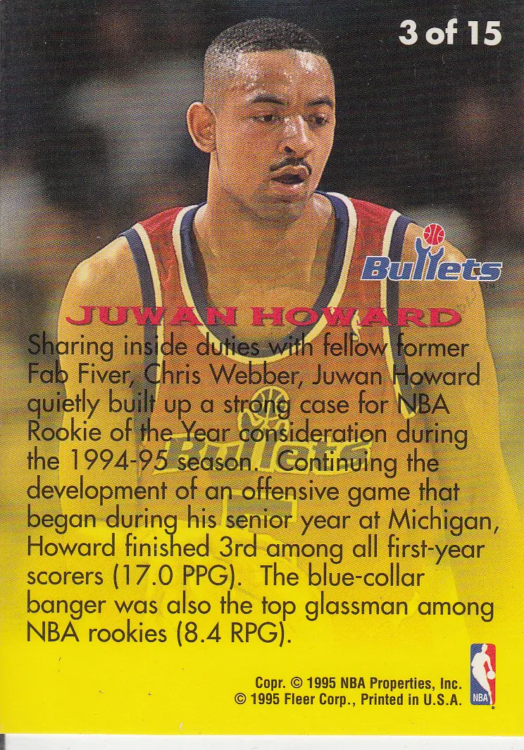 Back view of Juwan Howard 1995-96 Fleer #3 showing stats for Washington Bullets