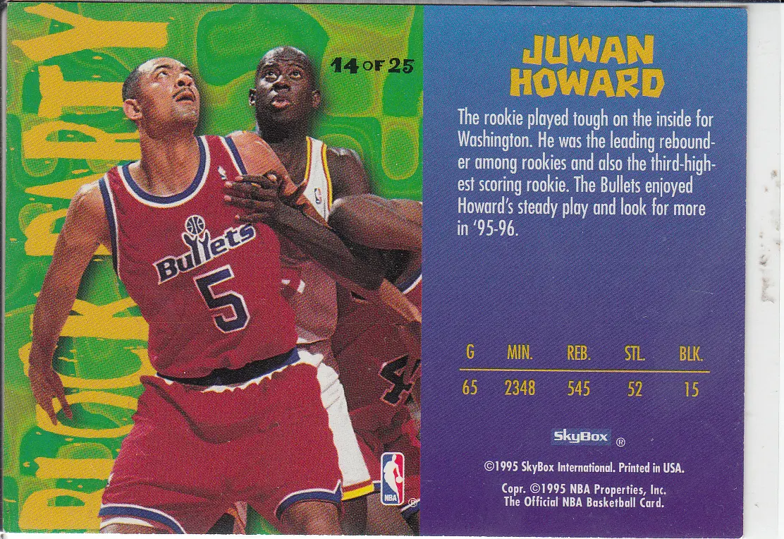 Back view of Juwan Howard 1995-96 SkyBox Hoops #14 showing stats for Washington Bullets