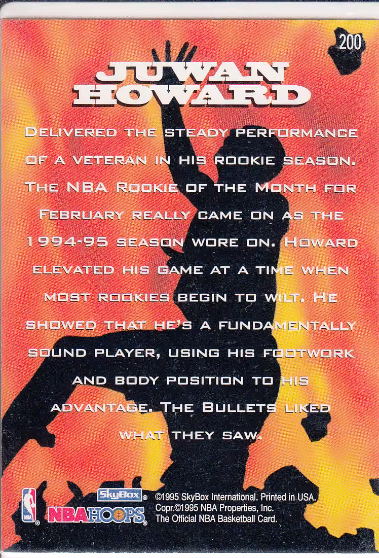 Back scan of 1995-96 SkyBox Hoops Juwan Howard showing stats for Washington Bullets - Juwan Howard Collector Private Collection