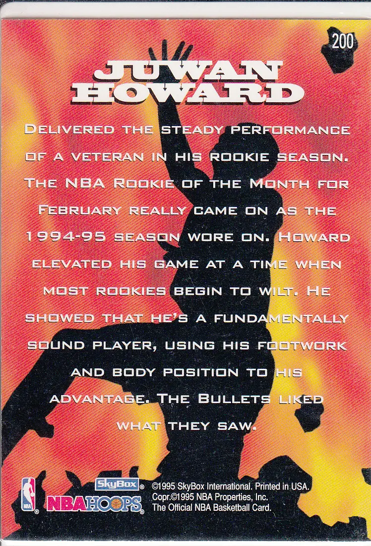 Back view of Juwan Howard 1995-96 SkyBox Hoops #200 showing stats for Washington Bullets