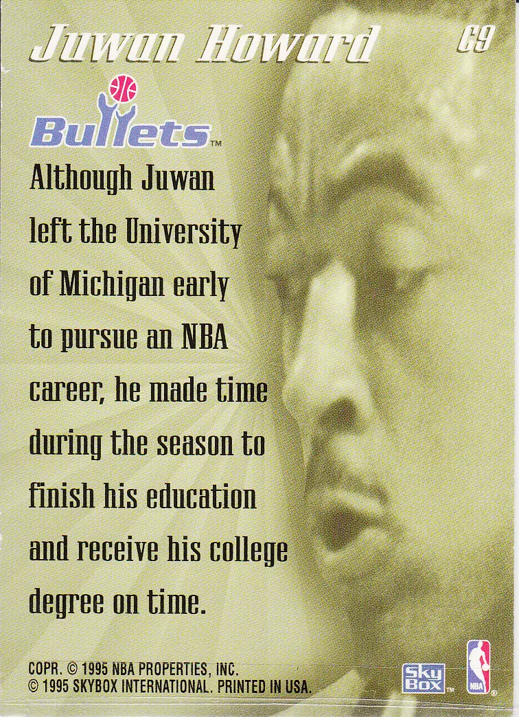 Back view of Juwan Howard 1995-96 SkyBox Premium #C9 showing stats for Washington Bullets