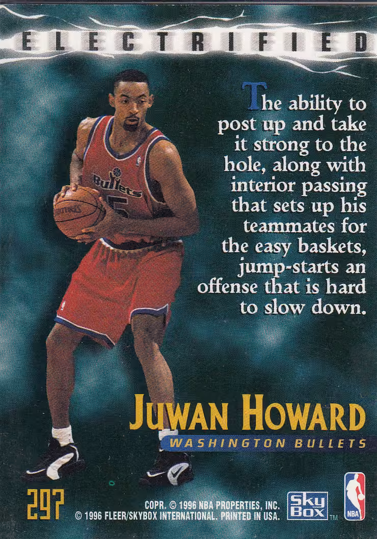 Back scan of 1995-96 SkyBox Premium Juwan Howard showing stats for Washington Bullets - Juwan Howard Collector Private Collection