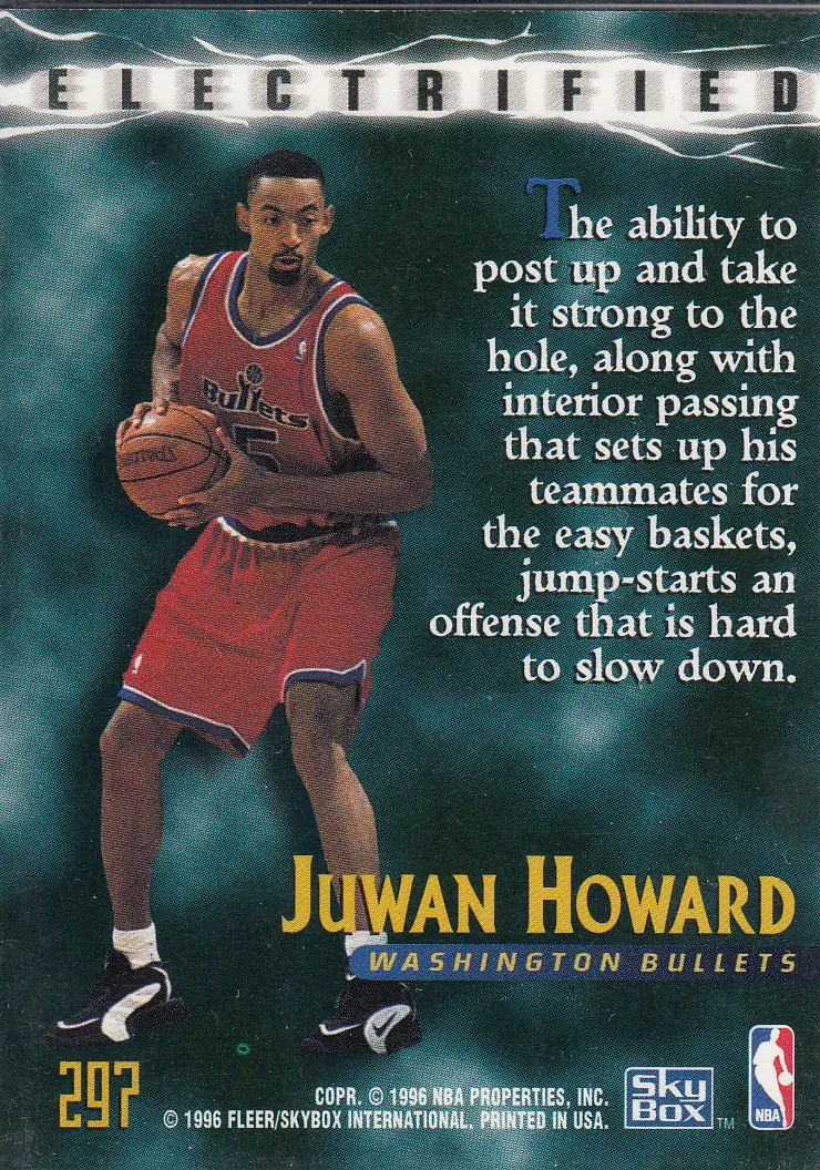 Back view of Juwan Howard 1995-96 SkyBox Premium #297 showing stats for Washington Bullets